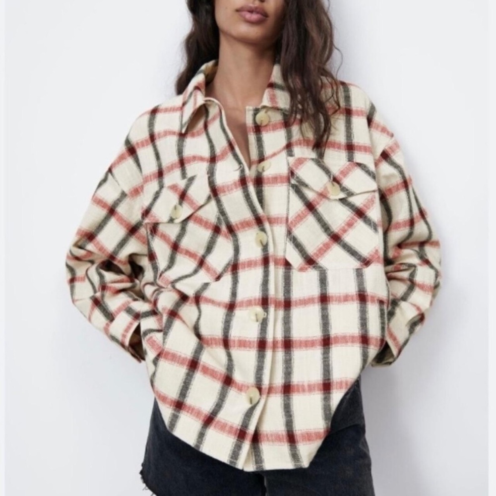 ZARA Plaid Shacket Top Beige Red Black Italian Fabric Cotton Blend size M